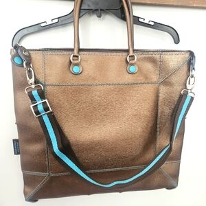GABS Italian Leather Handbag with Shoulder Strap. Brown/Turquoise